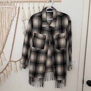 Oversized flannel plaid fringe shacket size M